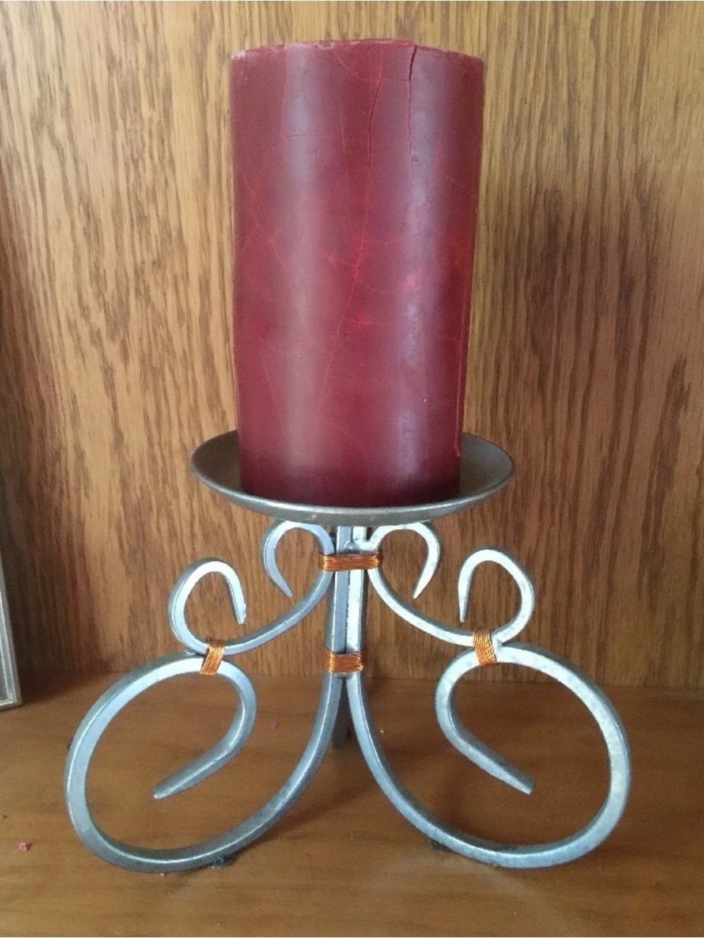 Wrought Iron Pillar Candle Holder Copper Accent Triple Curl Padded Bottom